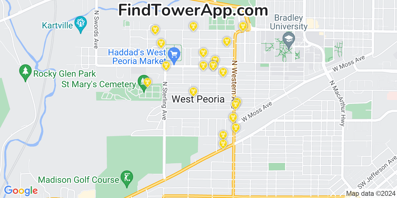 AT&T 4G/5G cell tower coverage map West Peoria, Illinois