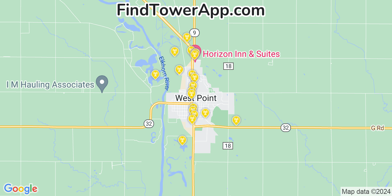 AT&T 4G/5G cell tower coverage map West Point, Nebraska