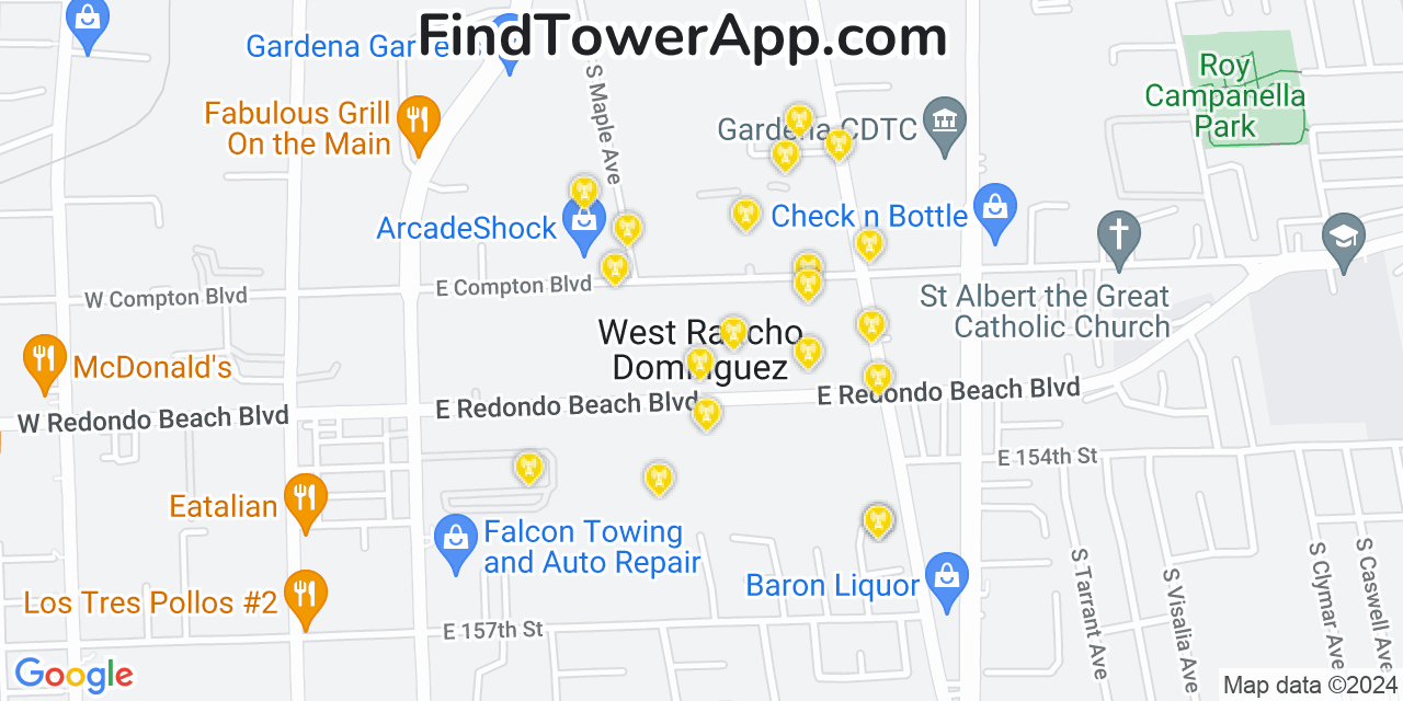 AT&T 4G/5G cell tower coverage map West Rancho Dominguez, California
