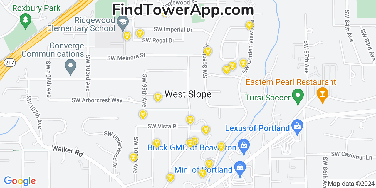 AT&T 4G/5G cell tower coverage map West Slope, Oregon