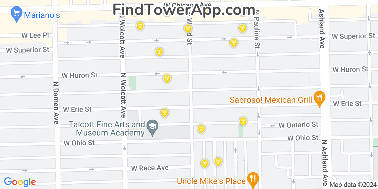 AT&T 4G/5G cell tower coverage map West Town, Illinois