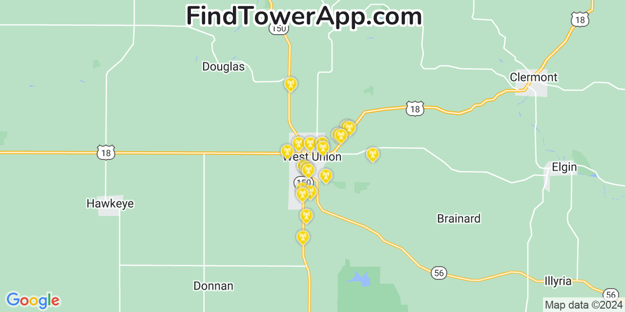 AT&T 4G/5G cell tower coverage map West Union, Iowa