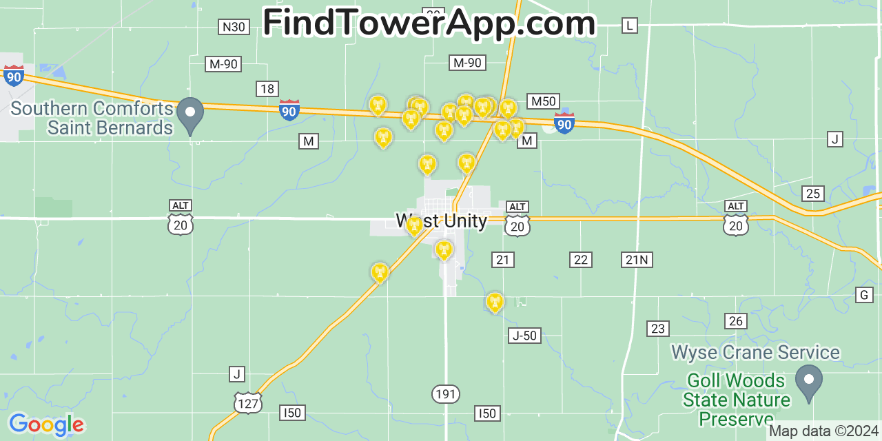 AT&T 4G/5G cell tower coverage map West Unity, Ohio
