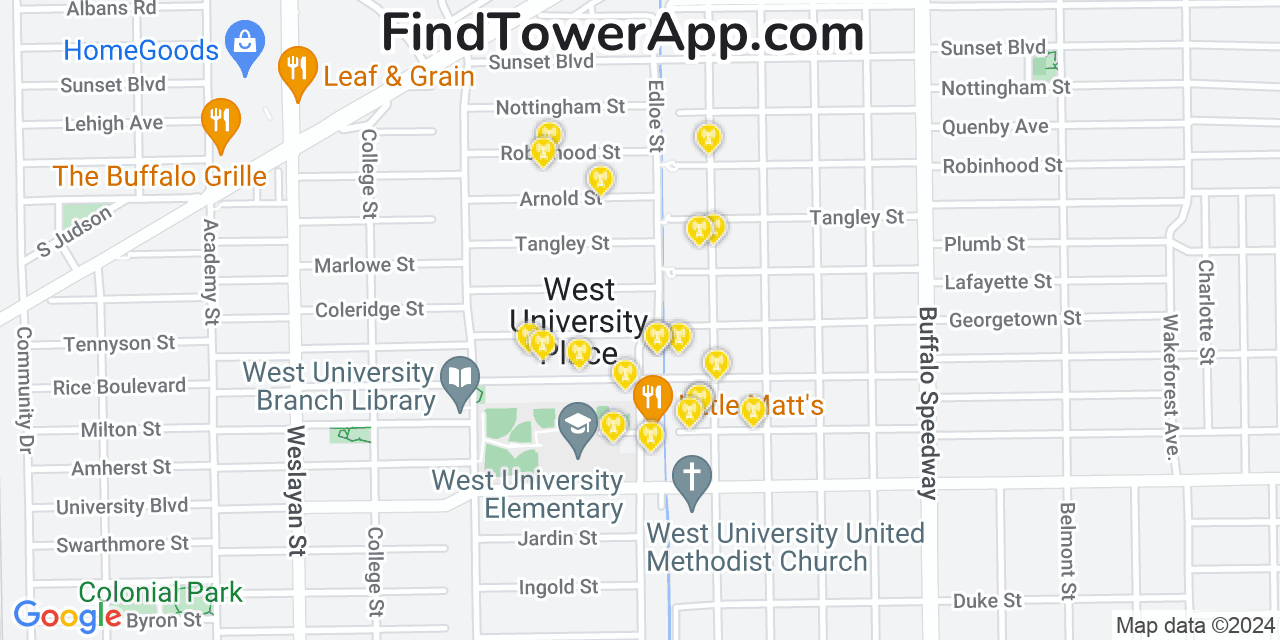AT&T 4G/5G cell tower coverage map West University Place, Texas