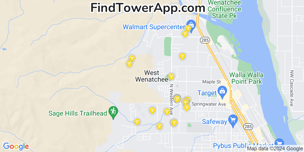 AT&T 4G/5G cell tower coverage map West Wenatchee, Washington