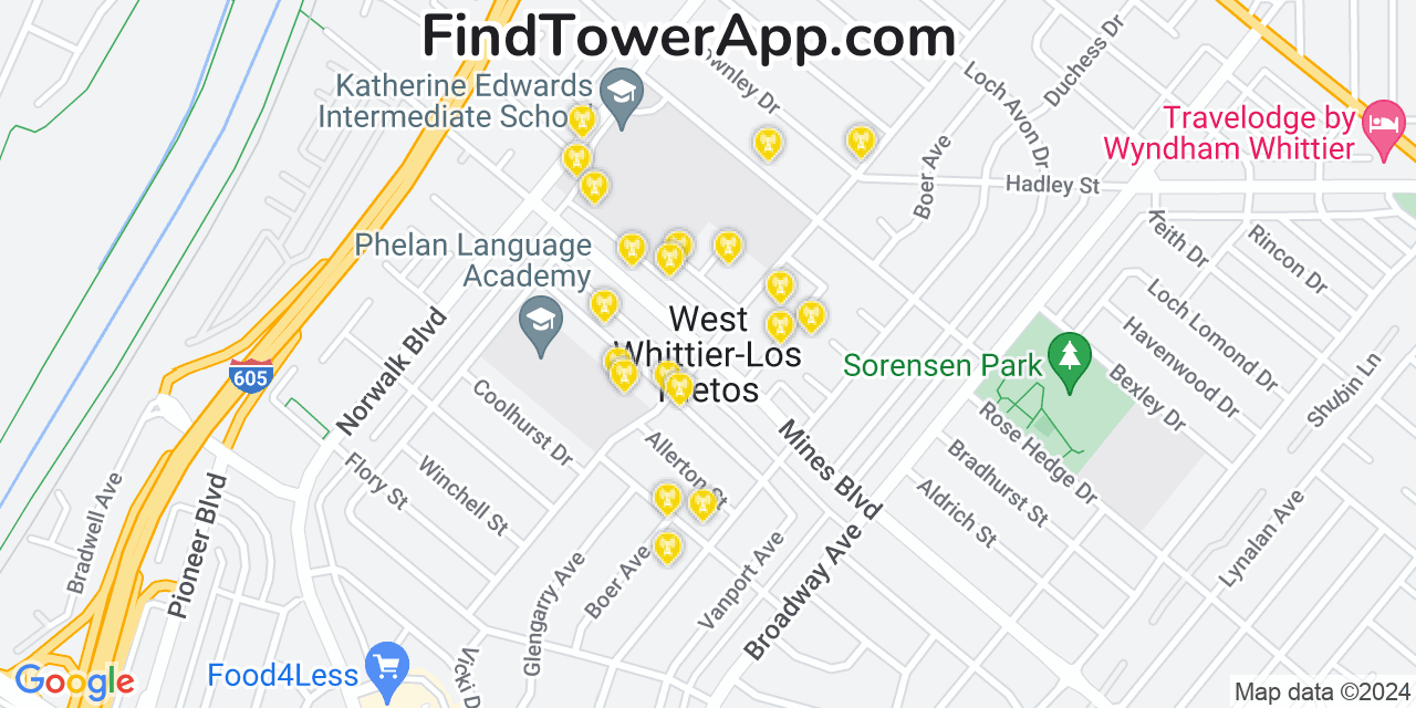 AT&T 4G/5G cell tower coverage map West Whittier Los Nietos, California