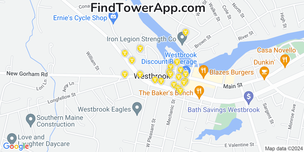 AT&T 4G/5G cell tower coverage map Westbrook, Maine