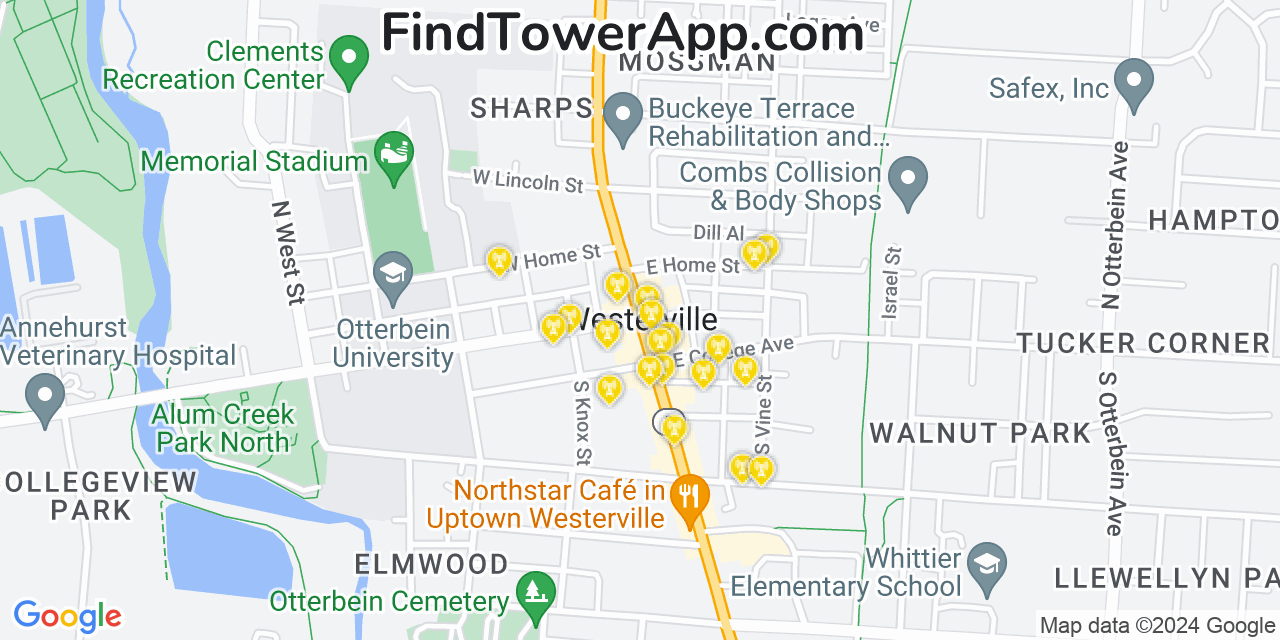 AT&T 4G/5G cell tower coverage map Westerville, Ohio