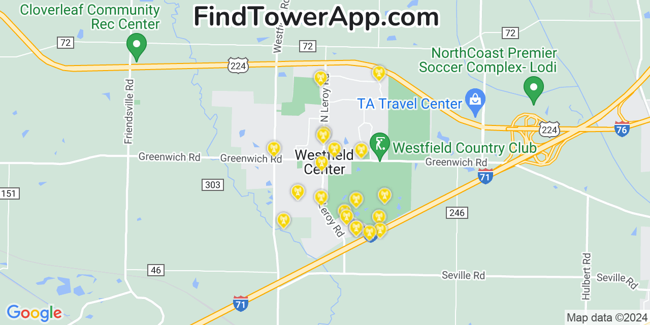 Verizon 4G/5G cell tower coverage map Westfield Center, Ohio