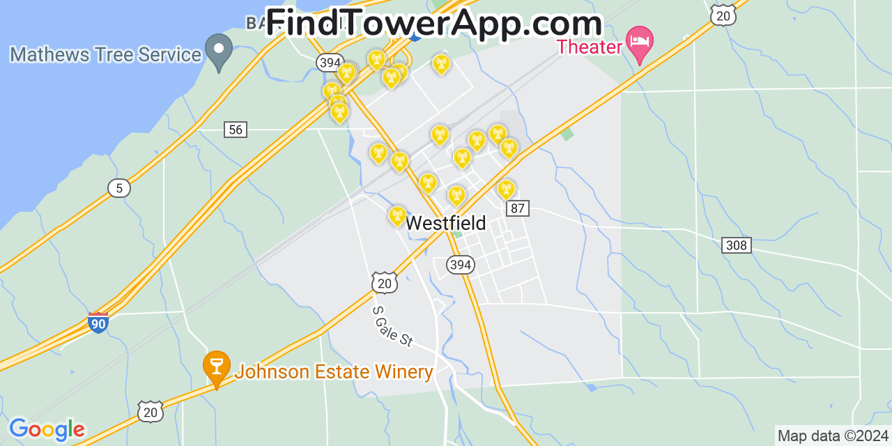Verizon 4G/5G cell tower coverage map Westfield, New York