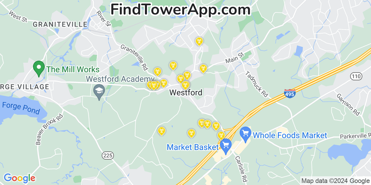 AT&T 4G/5G cell tower coverage map Westford, Massachusetts