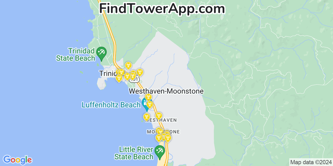 AT&T 4G/5G cell tower coverage map Westhaven Moonstone, California