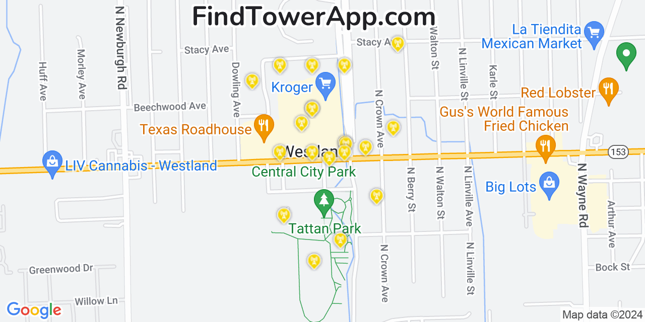AT&T 4G/5G cell tower coverage map Westland, Michigan