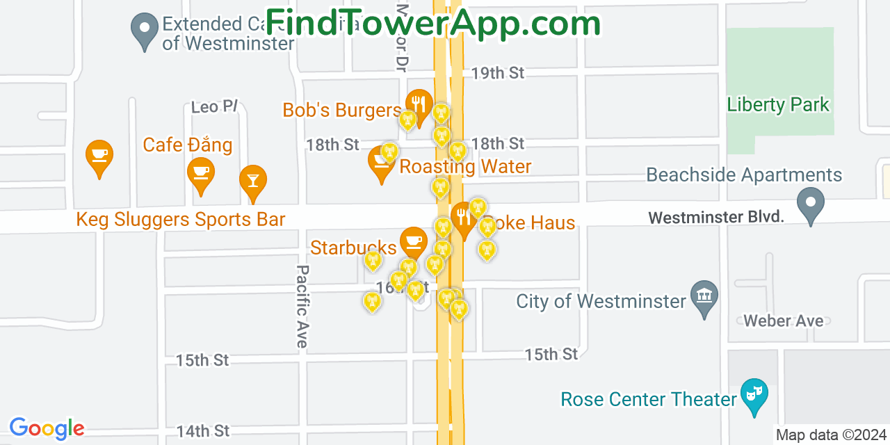 AT&T 4G/5G cell tower coverage map Westminster, California