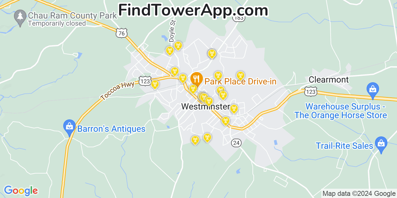 AT&T 4G/5G cell tower coverage map Westminster, South Carolina