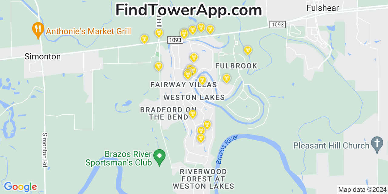 AT&T 4G/5G cell tower coverage map Weston Lakes, Texas