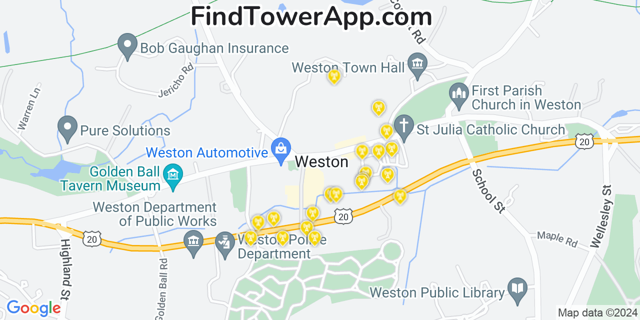 AT&T 4G/5G cell tower coverage map Weston, Massachusetts