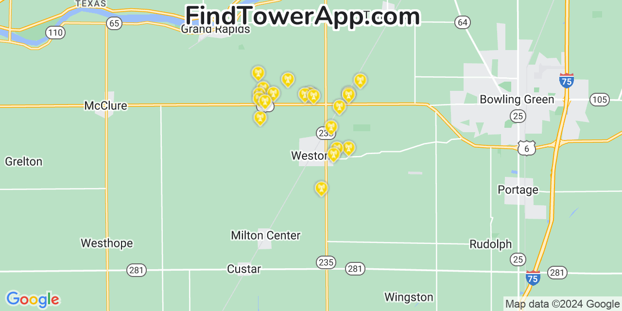 AT&T 4G/5G cell tower coverage map Weston, Ohio