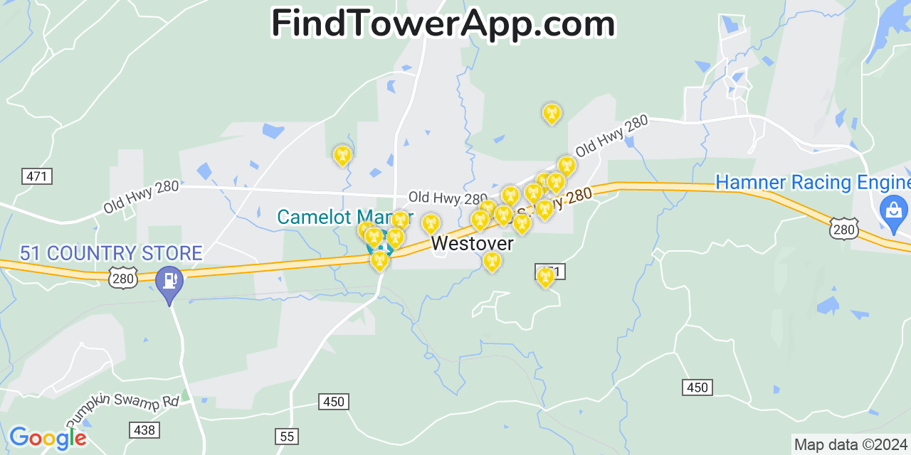 AT&T 4G/5G cell tower coverage map Westover, Alabama