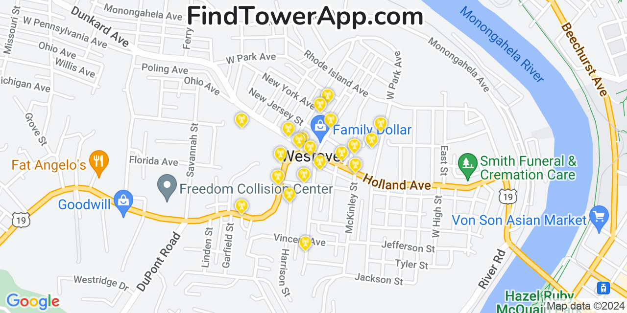 AT&T 4G/5G cell tower coverage map Westover, West Virginia