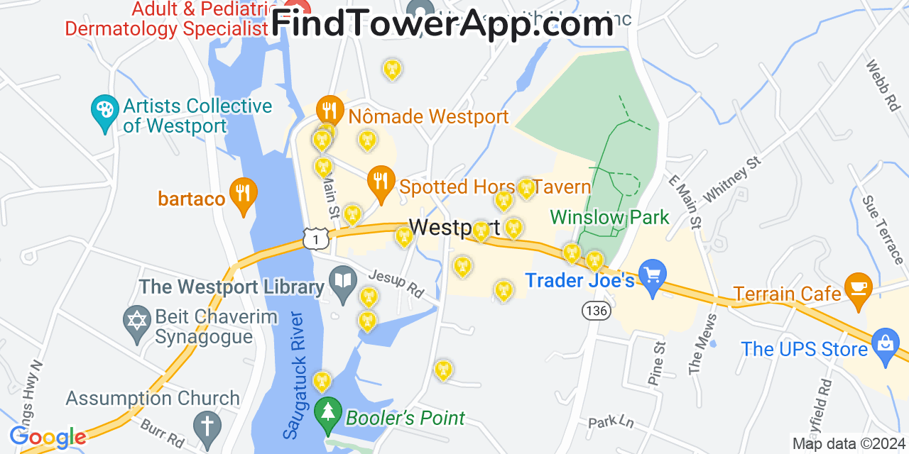 AT&T 4G/5G cell tower coverage map Westport, Connecticut