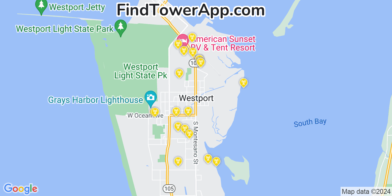 AT&T 4G/5G cell tower coverage map Westport, Washington