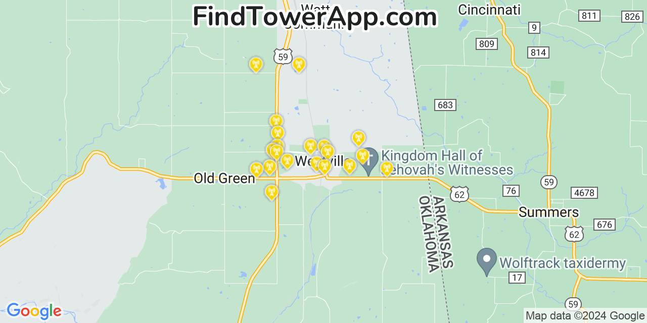 AT&T 4G/5G cell tower coverage map Westville, Oklahoma