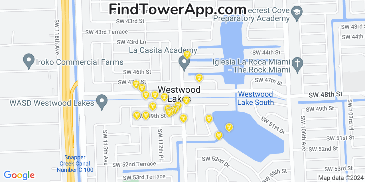 AT&T 4G/5G cell tower coverage map Westwood Lake, Florida