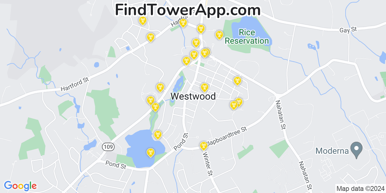AT&T 4G/5G cell tower coverage map Westwood, Massachusetts