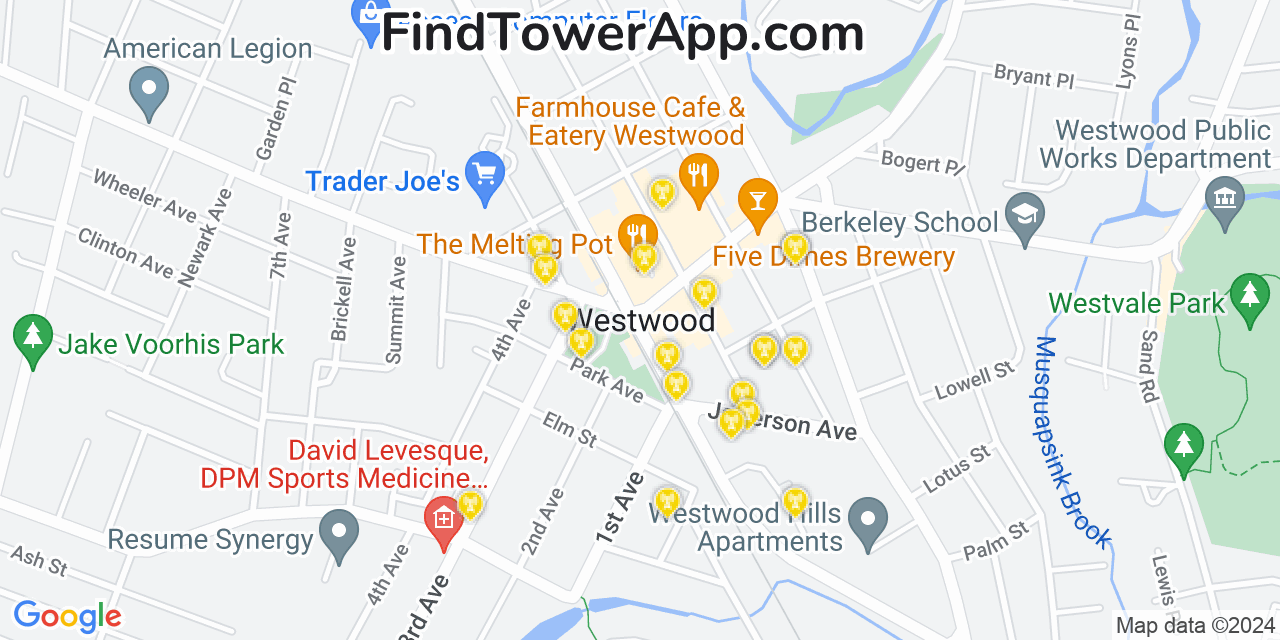AT&T 4G/5G cell tower coverage map Westwood, New Jersey