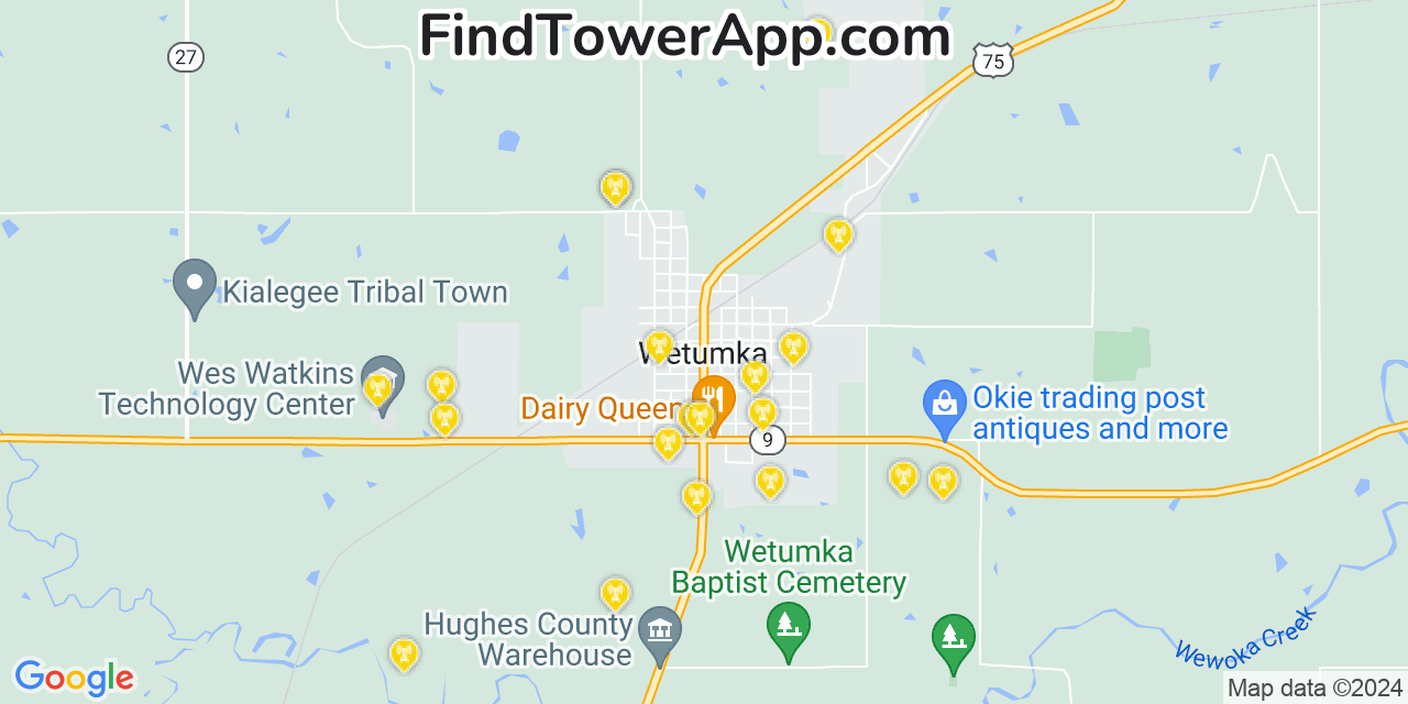 AT&T 4G/5G cell tower coverage map Wetumka, Oklahoma