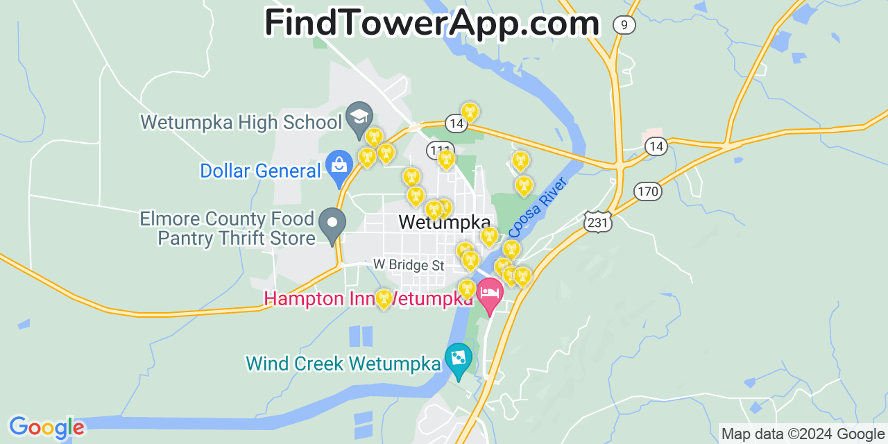 AT&T 4G/5G cell tower coverage map Wetumpka, Alabama
