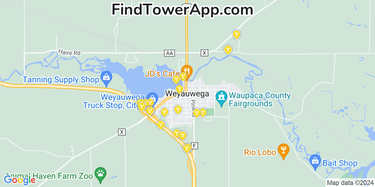AT&T 4G/5G cell tower coverage map Weyauwega, Wisconsin
