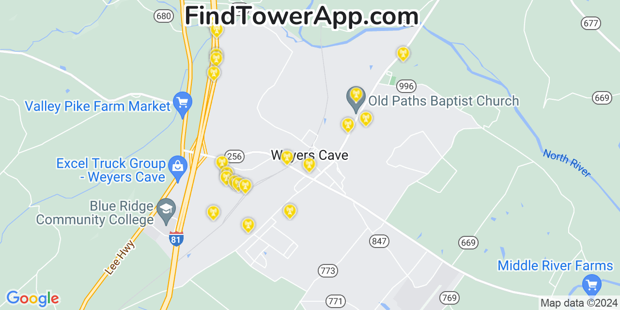 AT&T 4G/5G cell tower coverage map Weyers Cave, Virginia