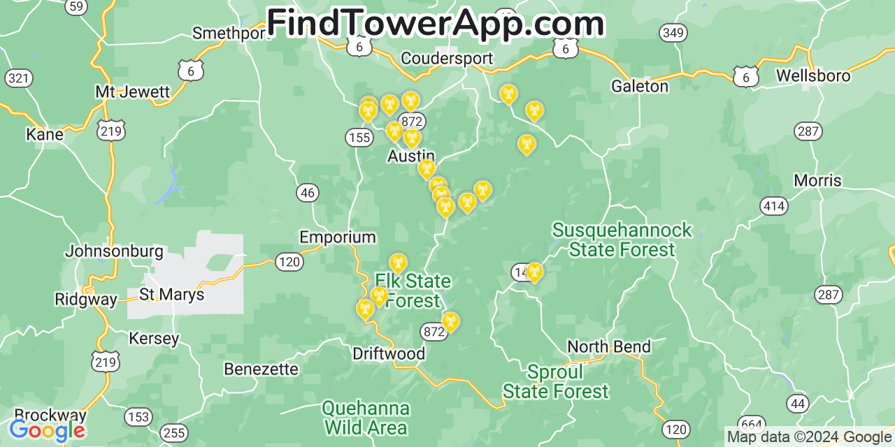 AT&T 4G/5G cell tower coverage map Wharton, Pennsylvania