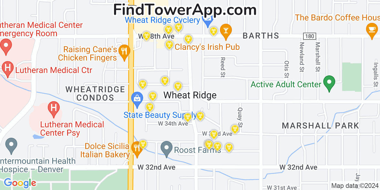 AT&T 4G/5G cell tower coverage map Wheat Ridge, Colorado