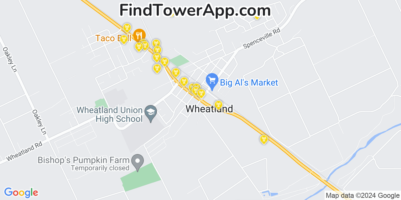 AT&T 4G/5G cell tower coverage map Wheatland, California
