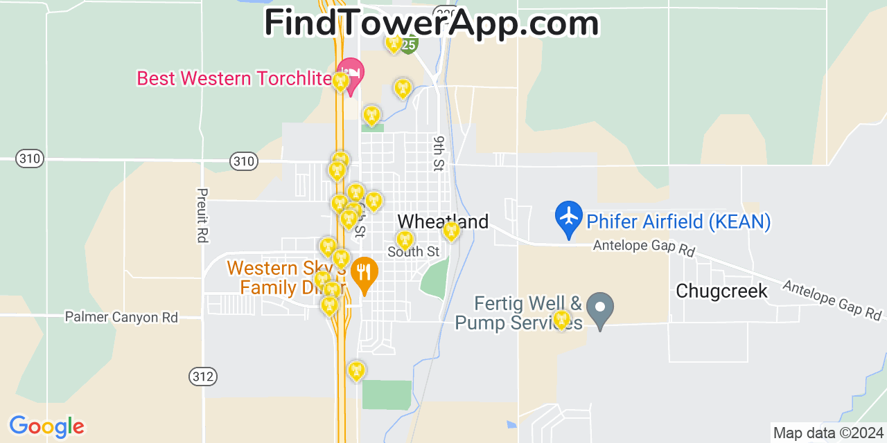 AT&T 4G/5G cell tower coverage map Wheatland, Wyoming