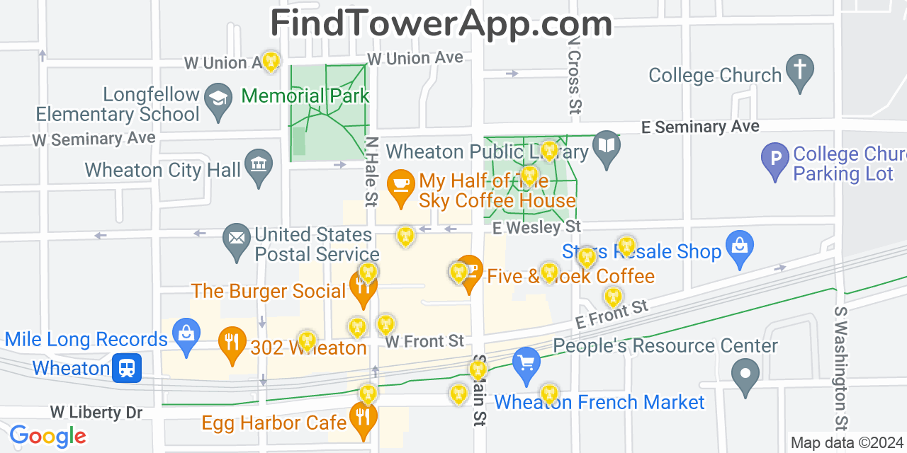 AT&T 4G/5G cell tower coverage map Wheaton, Illinois