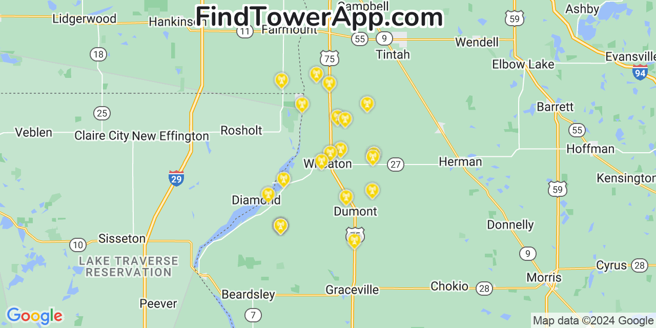 Verizon 4G/5G cell tower coverage map Wheaton, Minnesota