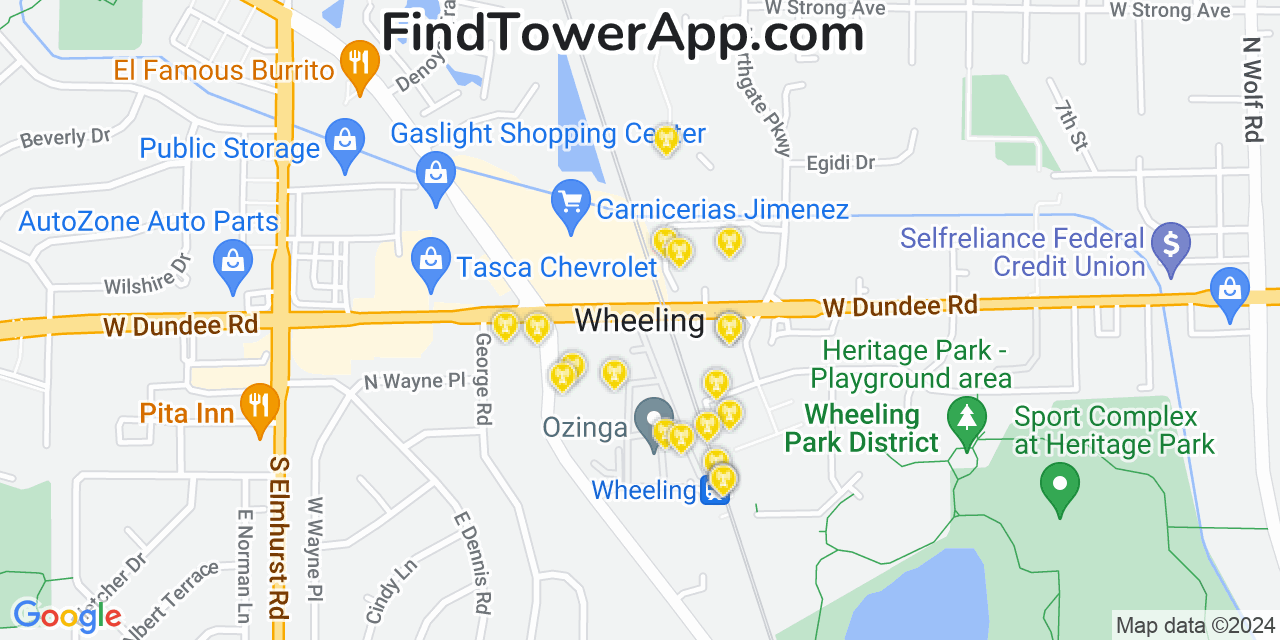 AT&T 4G/5G cell tower coverage map Wheeling, Illinois