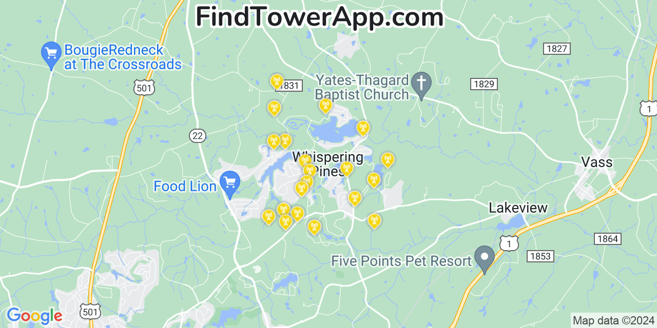 AT&T 4G/5G cell tower coverage map Whispering Pines, North Carolina