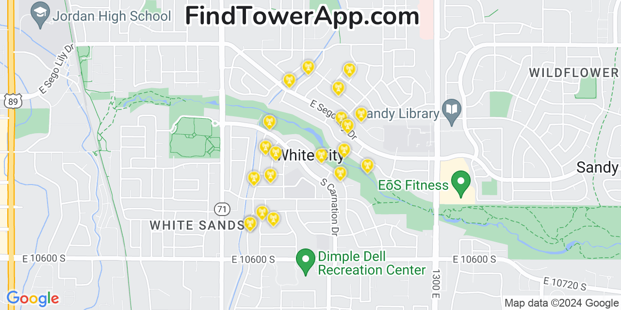 AT&T 4G/5G cell tower coverage map White City, Utah