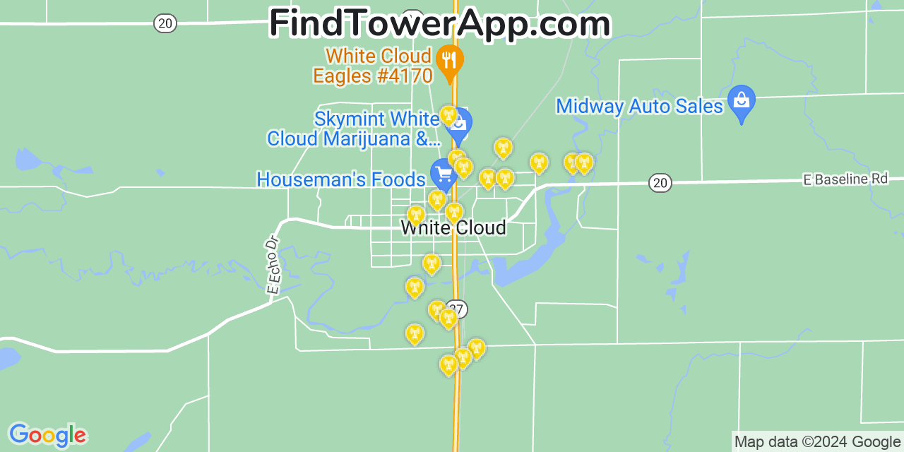 AT&T 4G/5G cell tower coverage map White Cloud, Michigan