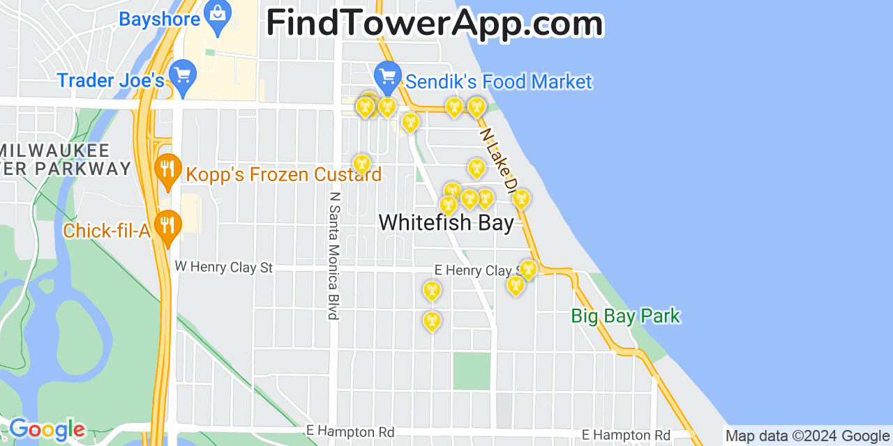 AT&T 4G/5G cell tower coverage map Whitefish Bay, Wisconsin
