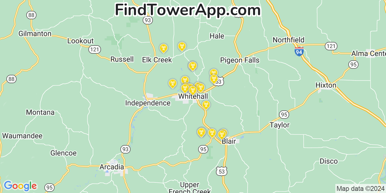 AT&T 4G/5G cell tower coverage map Whitehall, Wisconsin