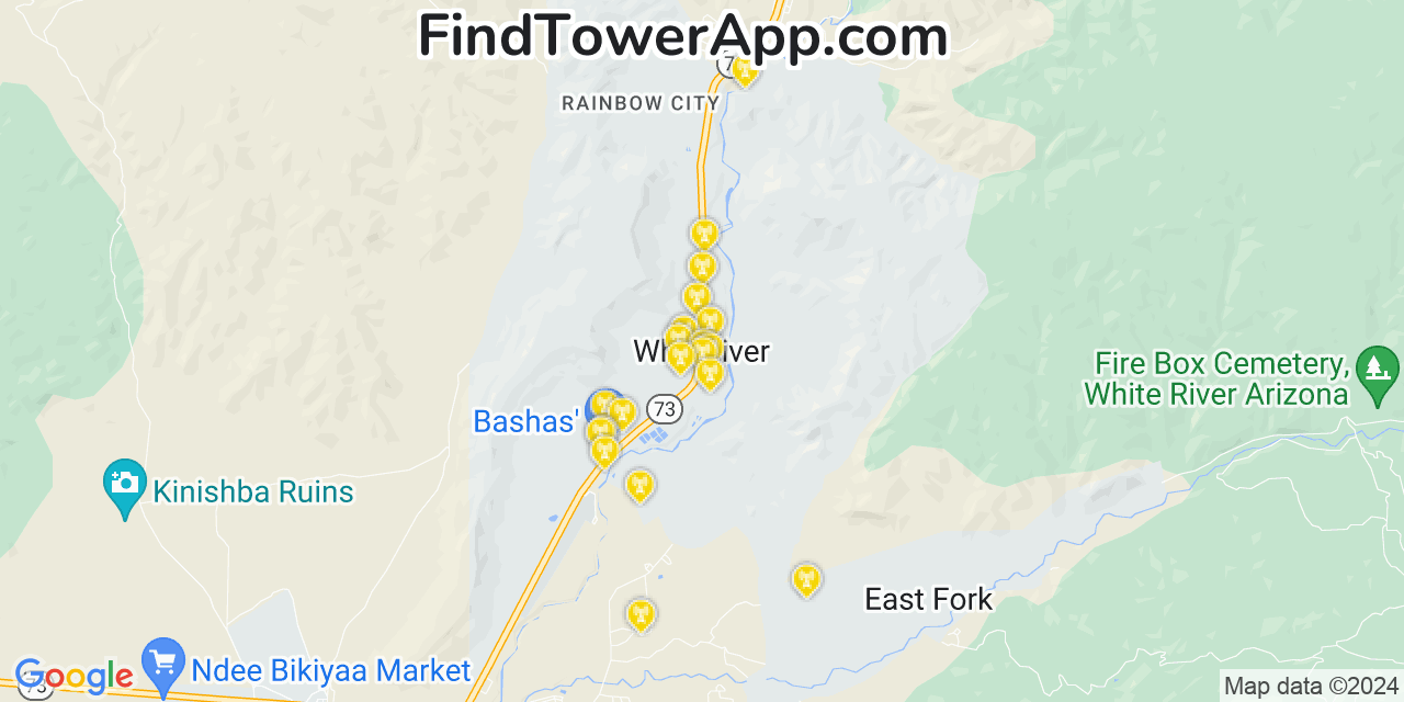 AT&T 4G/5G cell tower coverage map Whiteriver, Arizona