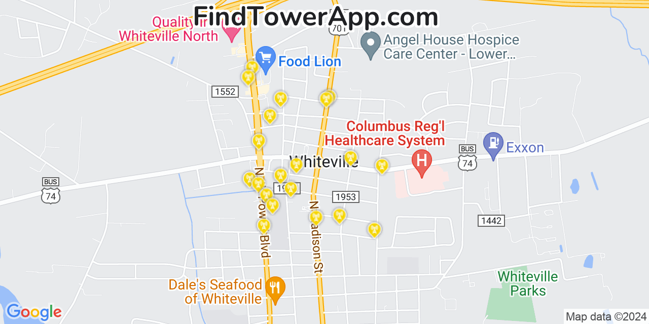 AT&T 4G/5G cell tower coverage map Whiteville, North Carolina