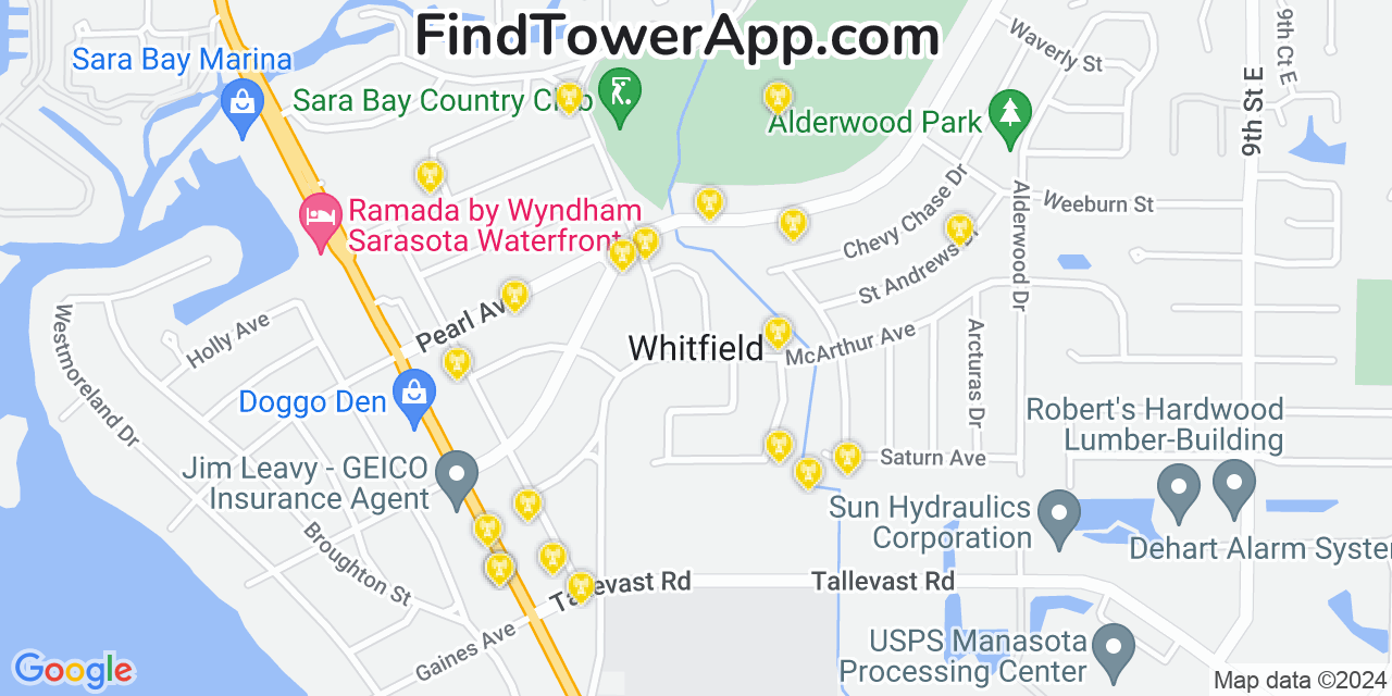 AT&T 4G/5G cell tower coverage map Whitfield, Florida