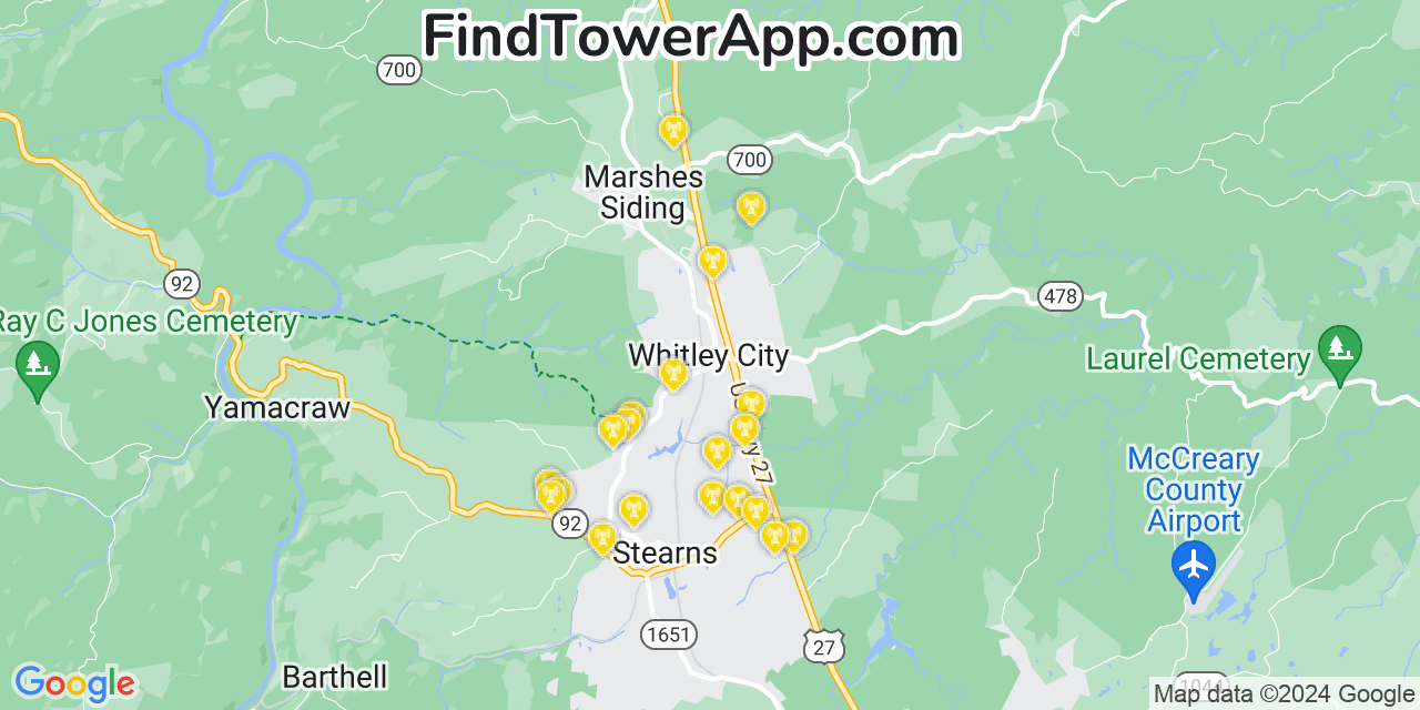 AT&T 4G/5G cell tower coverage map Whitley City, Kentucky